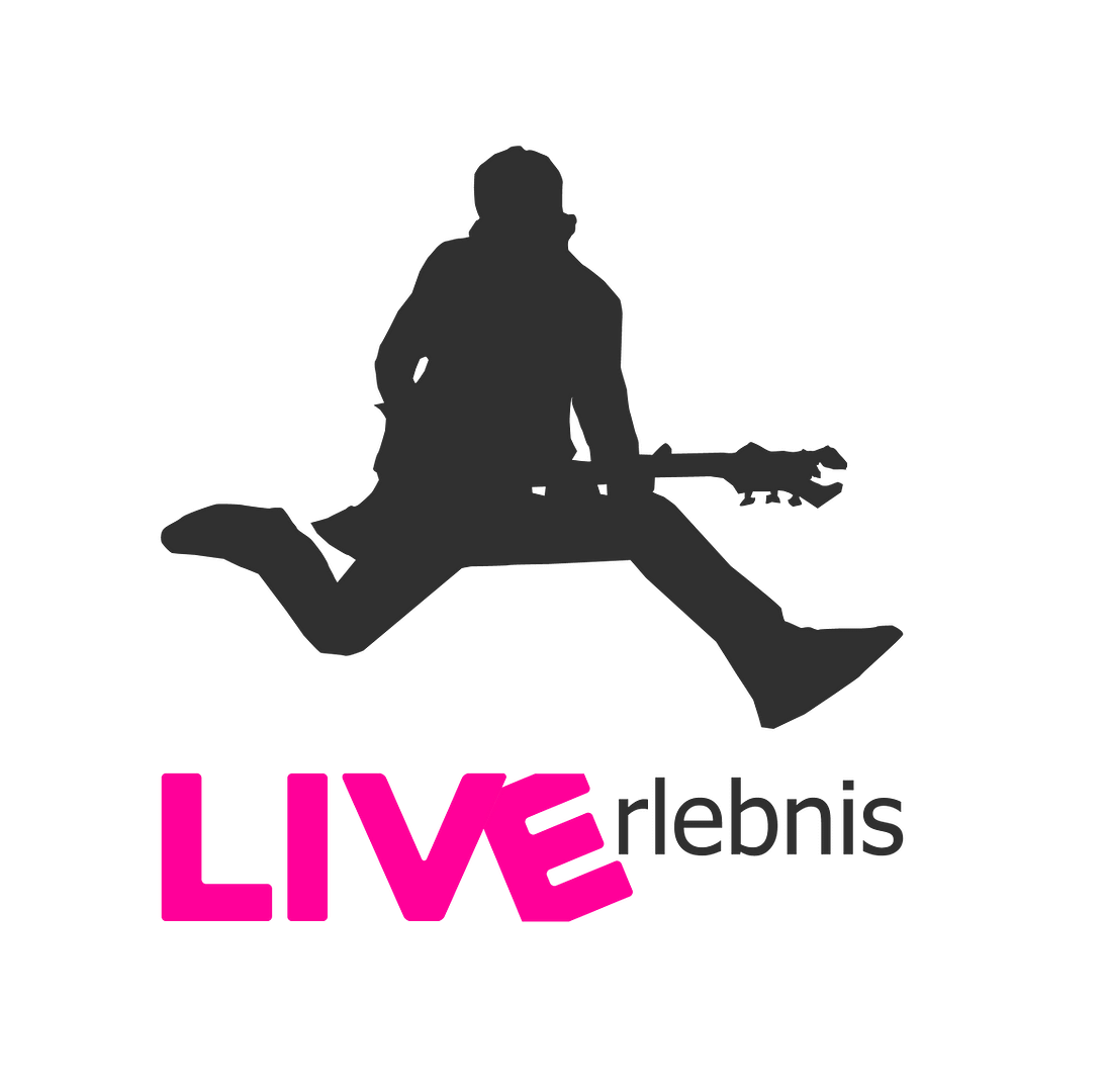 LIVErlebnis Logo in Anthrazit & Pinker Schrift und einem springenden Gitaristen